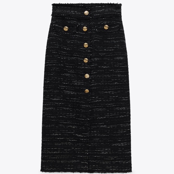 ZARA Black Tweed Textured Gold Buttons Skirt - Picture 7 of 8
